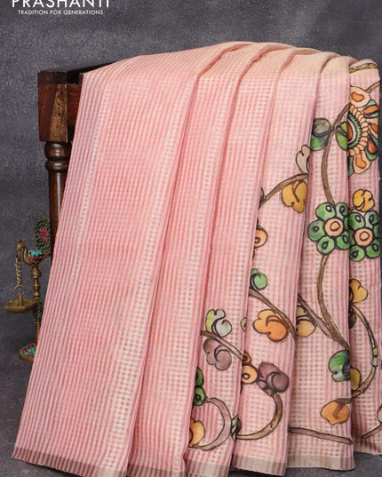 Tissue kota saree peach pink with allover kalamkari applique work and zari piping border - {{ collection.title }} by Prashanti Sarees