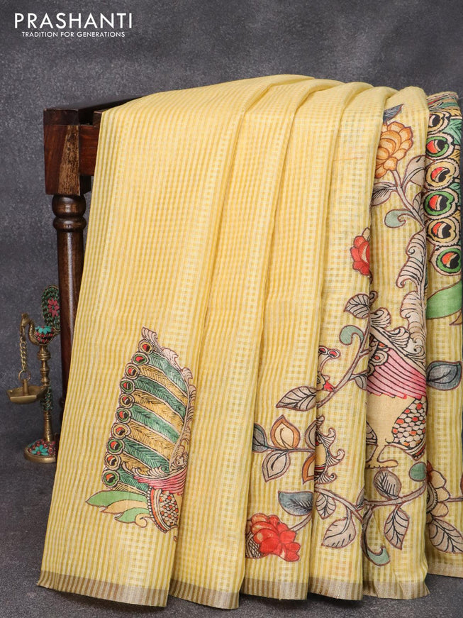 Tissue kota saree yellow with allover kalamkari applique work and zari piping border - {{ collection.title }} by Prashanti Sarees