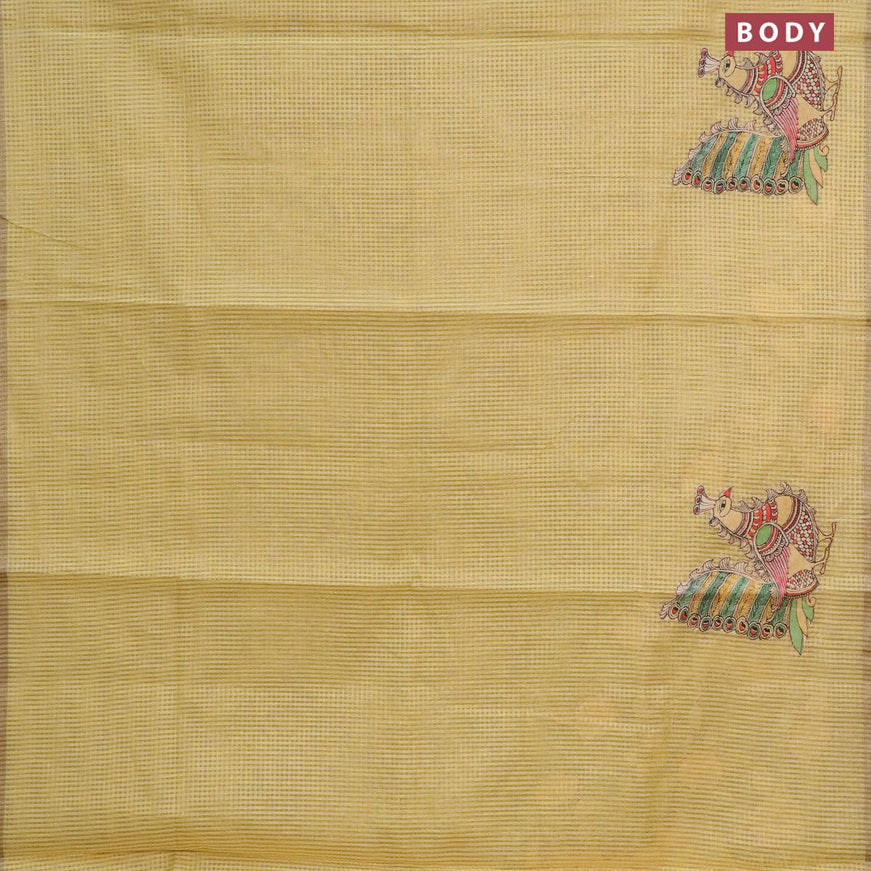 Tissue kota saree yellow with allover kalamkari applique work and zari piping border - {{ collection.title }} by Prashanti Sarees