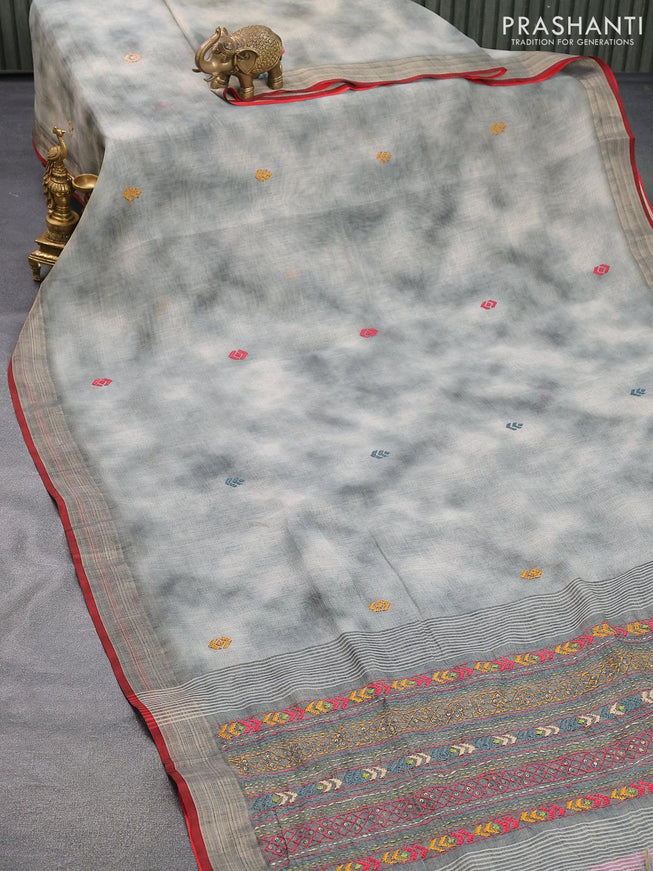 Tissue linen saree grey with thread woven embroidery work buttas and zari woven border - {{ collection.title }} by Prashanti Sarees