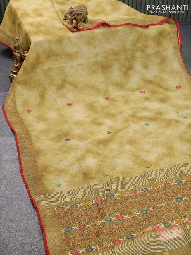 Tissue linen saree mehendi green with thread woven embroidery work buttas and zari woven border - {{ collection.title }} by Prashanti Sarees