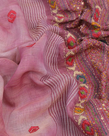 Tissue linen saree mild purple shade with thread woven embroidery work buttas and zari woven border - {{ collection.title }} by Prashanti Sarees