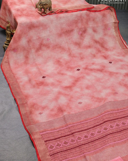 Tissue linen saree pastel maroon shade with thread woven embroidery work buttas and zari woven border - {{ collection.title }} by Prashanti Sarees