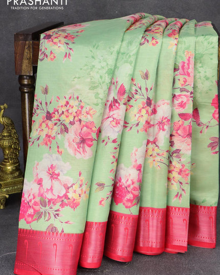 Tissue saree green and pink with allover digital floral prints and muniya paithani style border - PBR0626 - {{ collection.title }} by Prashanti Sarees