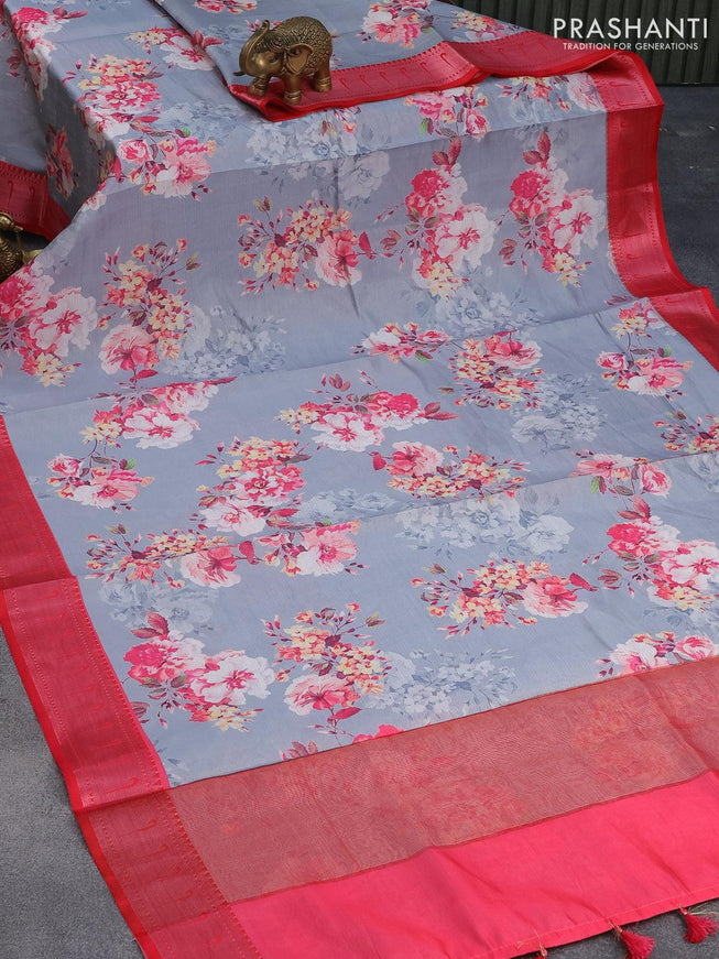 Tissue saree grey and pink with allover digital floral prints and muniya paithani style border - PBR0627 - {{ collection.title }} by Prashanti Sarees