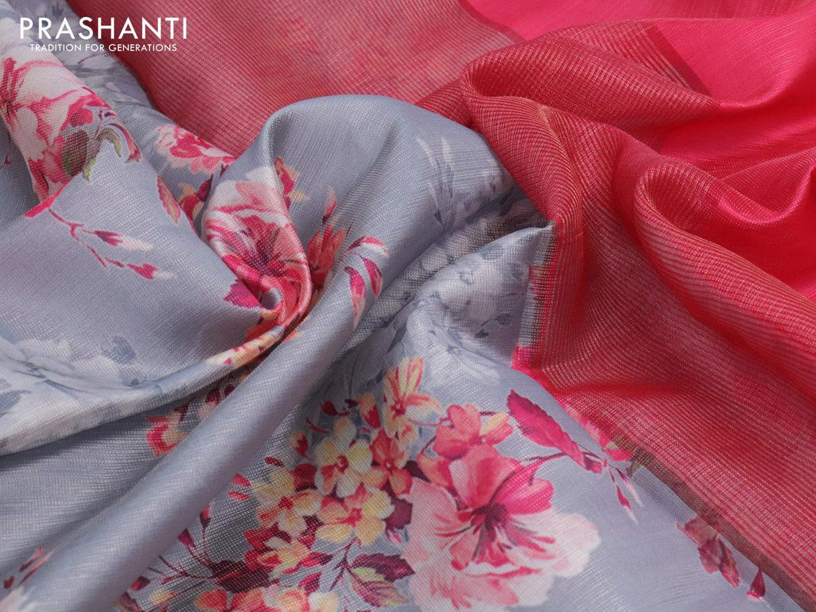 Tissue saree grey and pink with allover digital floral prints and muniya paithani style border - PBR0627 - {{ collection.title }} by Prashanti Sarees