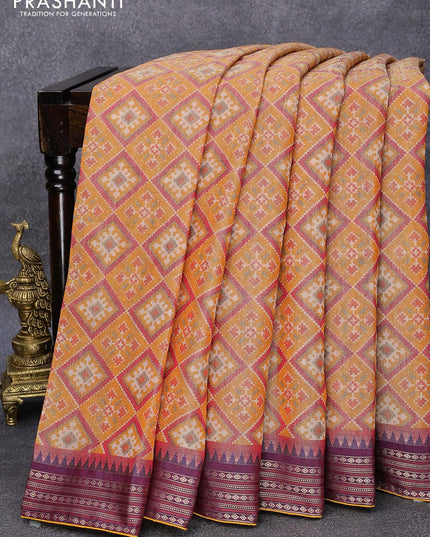 Tissue saree mustard yellow and red with allover ikat prints and temple design zari woven border & embroidery mirror work readymade blouse - {{ collection.title }} by Prashanti Sarees
