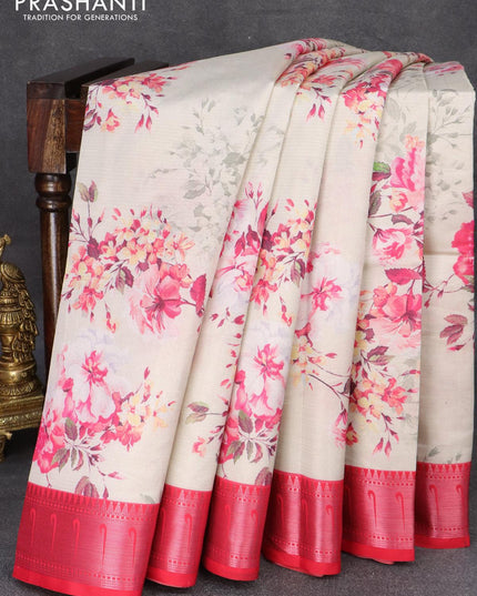 Tissue saree off white and pink with allover digital floral prints and muniya paithani style border - PBR0628 - {{ collection.title }} by Prashanti Sarees