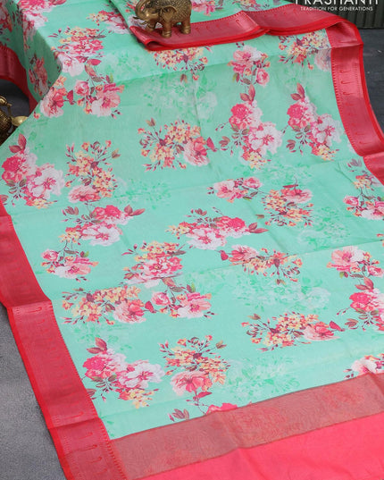 Tissue saree teal blue and pink with allover digital floral prints and muniya paithani style border - {{ collection.title }} by Prashanti Sarees