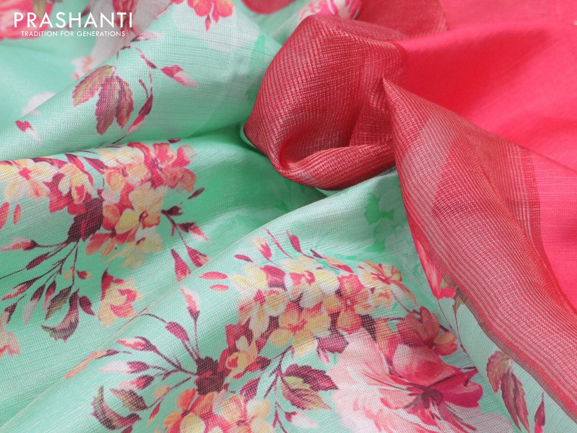 Tissue saree teal blue and pink with allover digital floral prints and muniya paithani style border - {{ collection.title }} by Prashanti Sarees