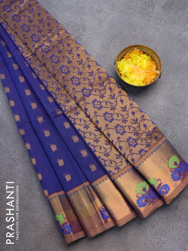 Venkatagiri cotton saree blue and dual shade of brown with zari woven buttas and zari woven butta border without blouse - {{ collection.title }} by Prashanti Sarees