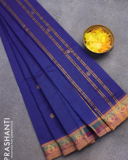 Venkatagiri cotton saree blue and mustard shade with zari woven buttas and zari woven border without blouse - {{ collection.title }} by Prashanti Sarees