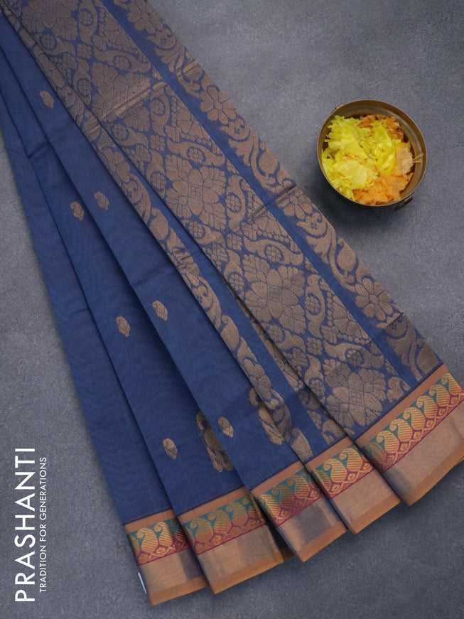Venkatagiri cotton saree blue shade with zari woven buttas and paisley zari woven border without blouse - {{ collection.title }} by Prashanti Sarees