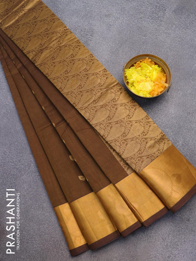 Venkatagiri cotton saree brown with zari woven buttas and zari woven border without blouse - {{ collection.title }} by Prashanti Sarees
