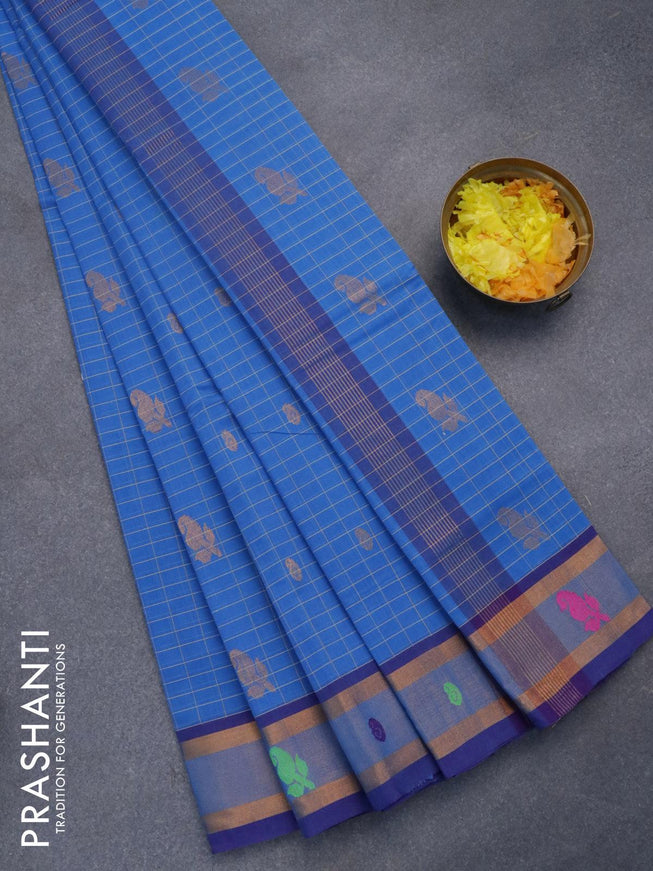 Venkatagiri cotton saree cs blue and blue with allover checked pattern & paisley zari buttas and zari woven border without blouse - {{ collection.title }} by Prashanti Sarees