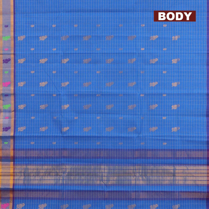 Venkatagiri cotton saree cs blue and blue with allover checked pattern & paisley zari buttas and zari woven border without blouse - {{ collection.title }} by Prashanti Sarees
