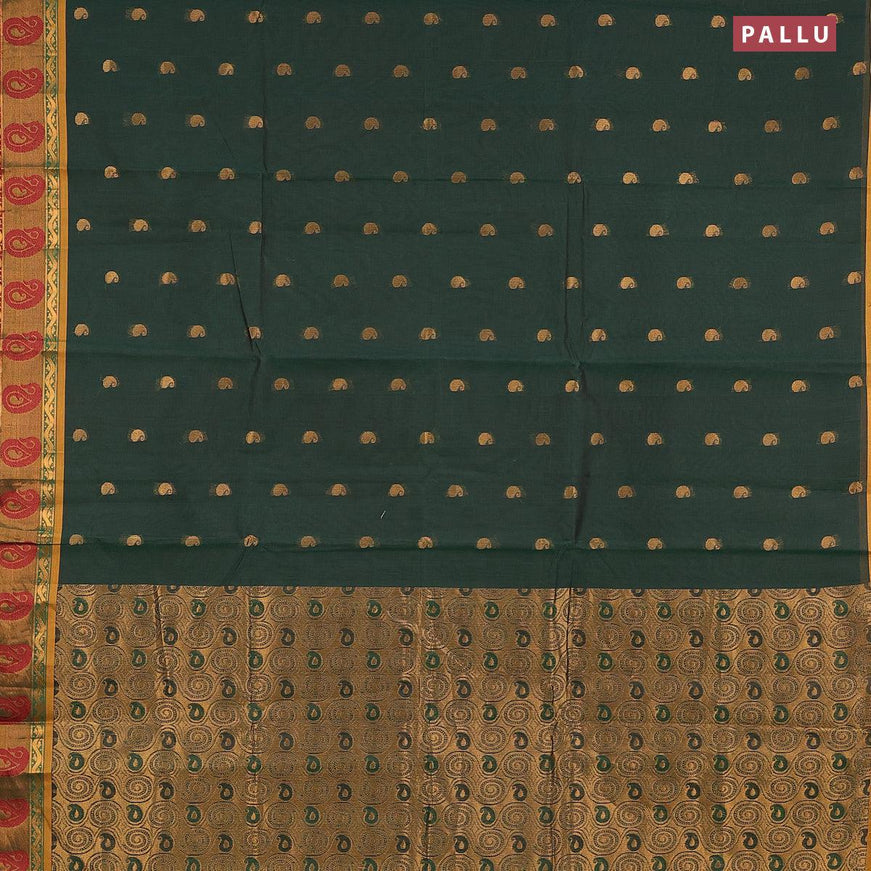 Venkatagiri cotton saree dark green and mustard shade with paisley zari woven buttas and zari woven border without blouse - {{ collection.title }} by Prashanti Sarees