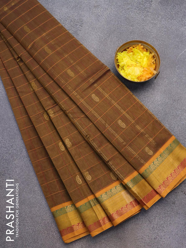 Venkatagiri cotton saree dark honey shade and mustard yellow with allover checked pattern & zari buttas and zari woven border without blouse - {{ collection.title }} by Prashanti Sarees