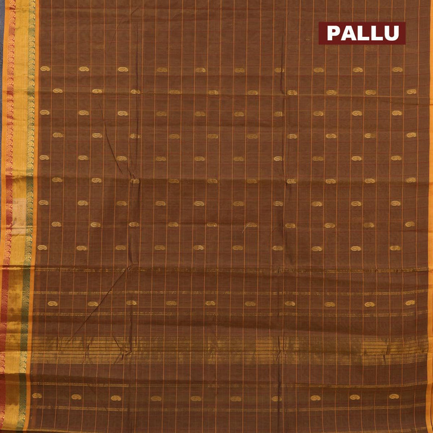 Venkatagiri cotton saree dark honey shade and mustard yellow with allover checked pattern & zari buttas and zari woven border without blouse - {{ collection.title }} by Prashanti Sarees