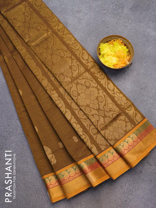 Venkatagiri cotton saree dark mustard and mustard yellow with zari woven buttas and paisley zari woven border without blouse - {{ collection.title }} by Prashanti Sarees