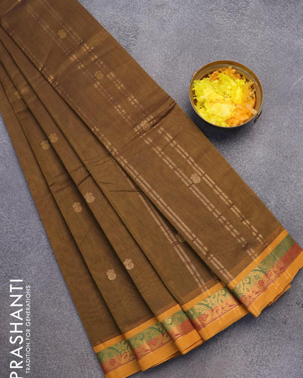 Venkatagiri cotton saree dark sap green and mustard yellow with zari woven buttas and zari woven border without blouse - {{ collection.title }} by Prashanti Sarees