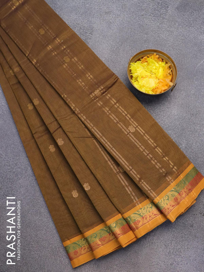 Venkatagiri cotton saree dark sap green and mustard yellow with zari woven buttas and zari woven border without blouse - {{ collection.title }} by Prashanti Sarees