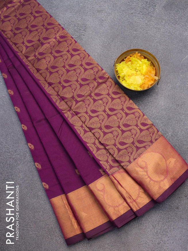 Venkatagiri cotton saree deep purple with zari woven buttas and zari woven border without blouse - {{ collection.title }} by Prashanti Sarees