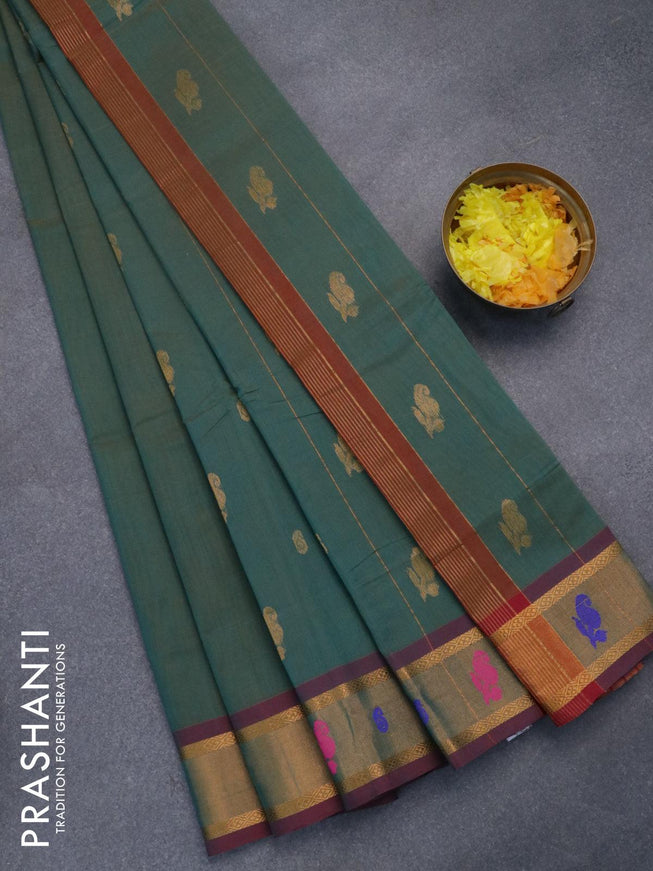 Venkatagiri cotton saree dual shade of green and maroon with zari woven buttas and zari woven border without blouse - {{ collection.title }} by Prashanti Sarees