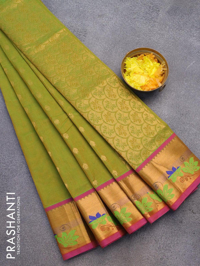 Venkatagiri cotton saree dual shade of green and purple with zari woven buttas and floral design zari woven border without blouse - {{ collection.title }} by Prashanti Sarees