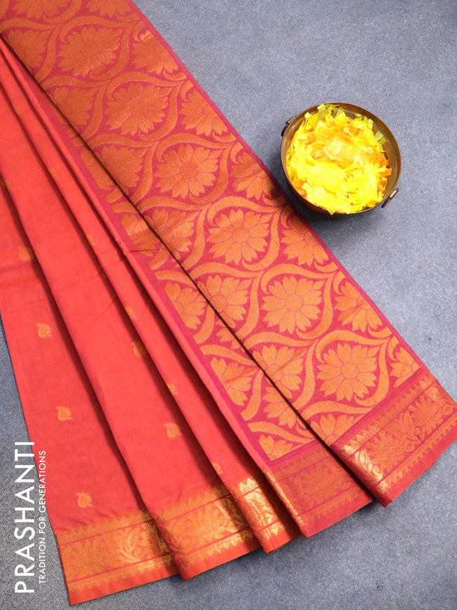Venkatagiri cotton saree dual shade of pinkish orange and dual shade of purple with zari woven buttas and zari woven border without blouse - {{ collection.title }} by Prashanti Sarees