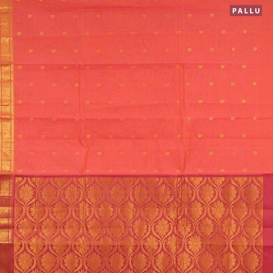 Venkatagiri cotton saree dual shade of pinkish orange and dual shade of purple with zari woven buttas and zari woven border without blouse - {{ collection.title }} by Prashanti Sarees
