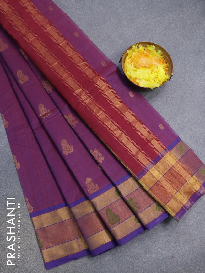 Venkatagiri cotton saree dual shade of purple and violet with zari woven buttas and zari woven border without blouse - {{ collection.title }} by Prashanti Sarees