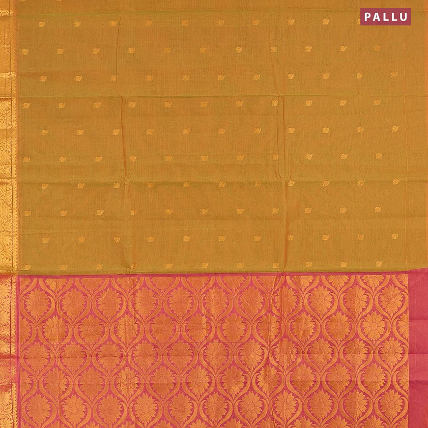 Venkatagiri cotton saree dual shade of yellowish green and pink shade with zari woven buttas and zari woven border without blouse - {{ collection.title }} by Prashanti Sarees
