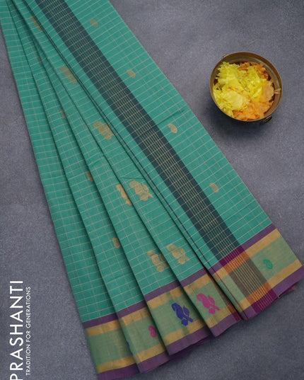 Venkatagiri cotton saree green and purple shade with allover checked pattern & paisley zari buttas and zari woven border without blouse - {{ collection.title }} by Prashanti Sarees