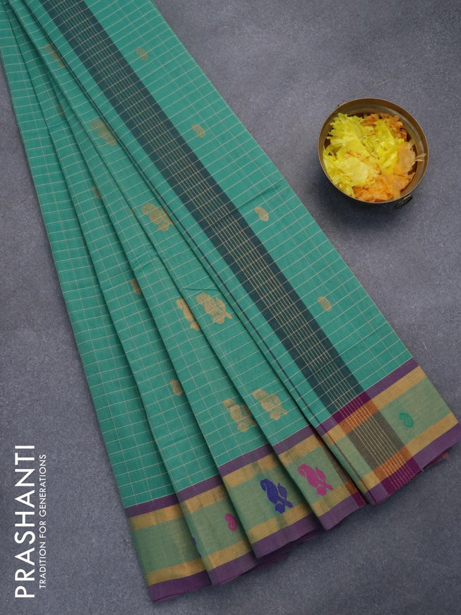Venkatagiri cotton saree green and purple shade with allover checked pattern & paisley zari buttas and zari woven border without blouse - {{ collection.title }} by Prashanti Sarees