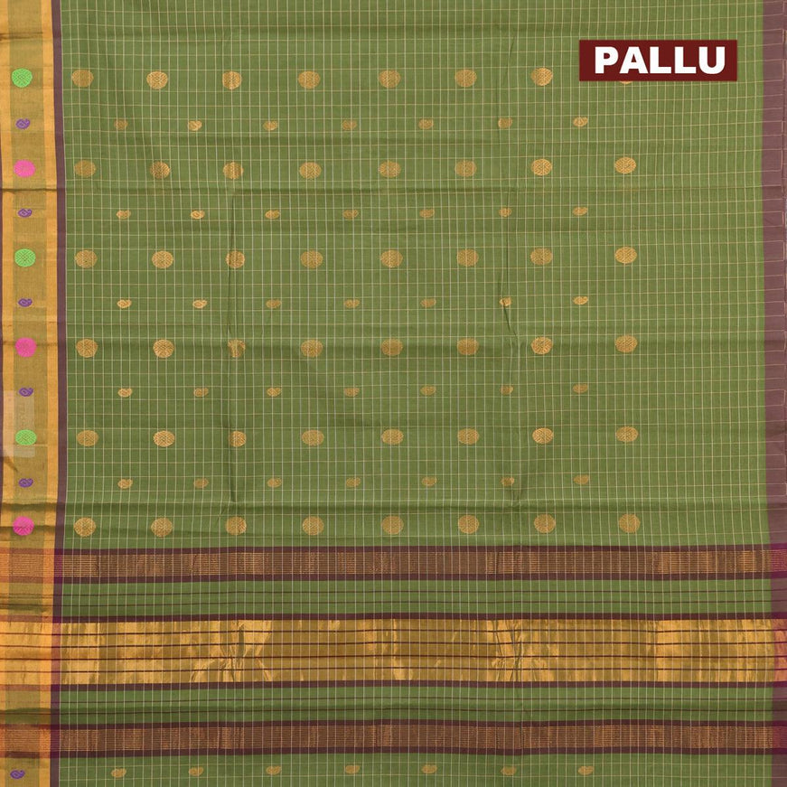 Venkatagiri cotton saree green shade and purple shade with allover checked pattern & zari buttas and zari woven border without blouse - {{ collection.title }} by Prashanti Sarees