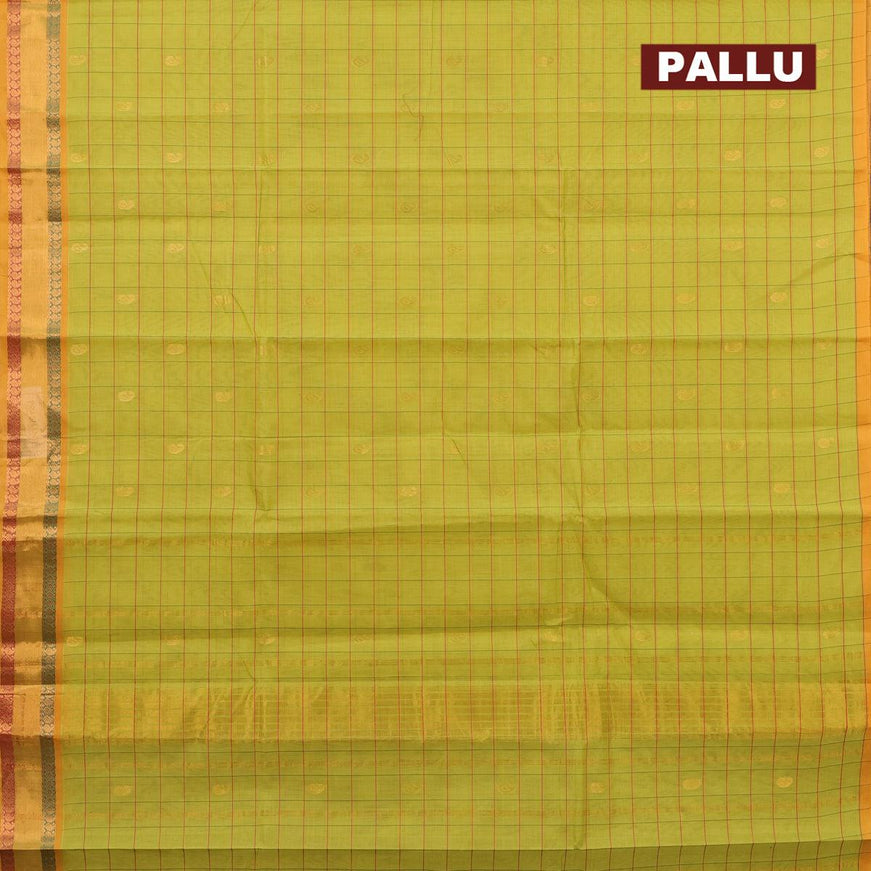 Venkatagiri cotton saree light green and mustard yellow with allover checked pattern & zari buttas and zari woven border without blouse - {{ collection.title }} by Prashanti Sarees