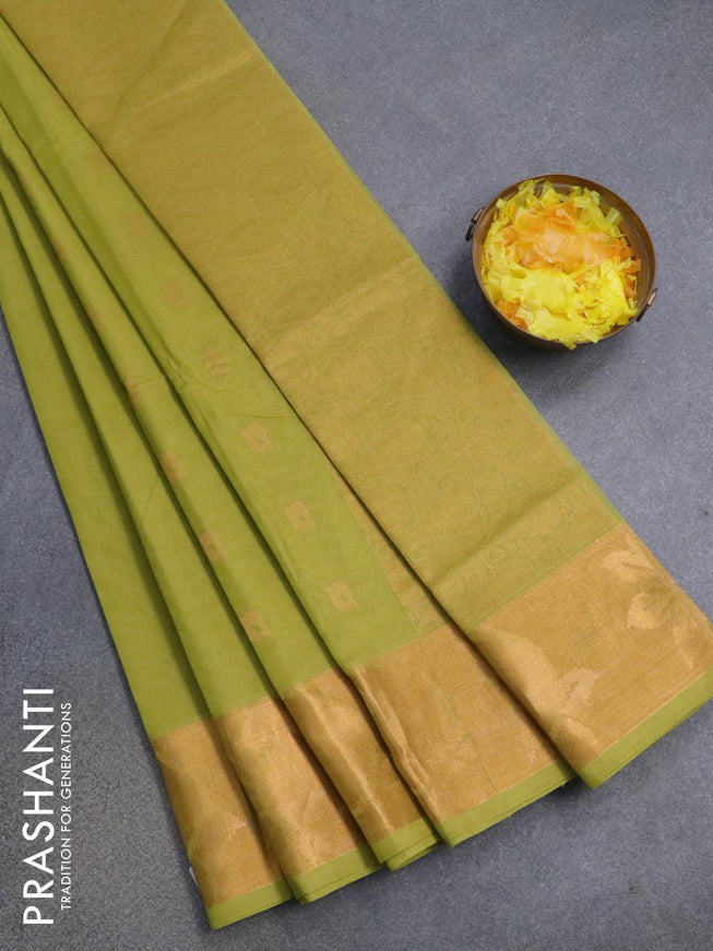 Venkatagiri cotton saree light green with zari woven buttas and zari woven border without blouse - {{ collection.title }} by Prashanti Sarees