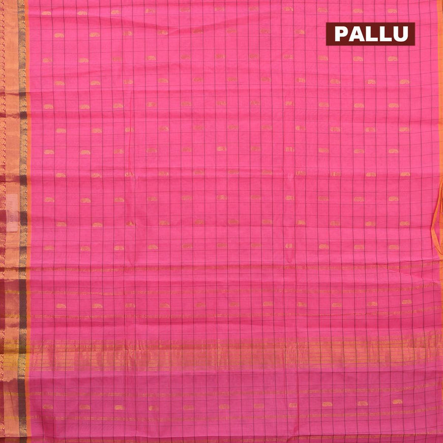 Venkatagiri cotton saree light pink and mustard yellow with allover checked pattern & zari buttas and zari woven border without blouse - {{ collection.title }} by Prashanti Sarees