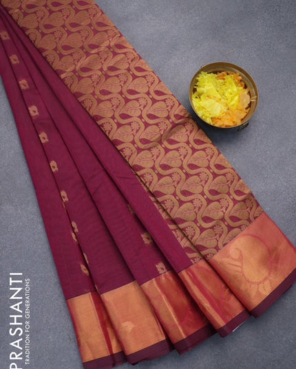 Venkatagiri cotton saree magenta pink with zari woven buttas and zari woven border without blouse - {{ collection.title }} by Prashanti Sarees