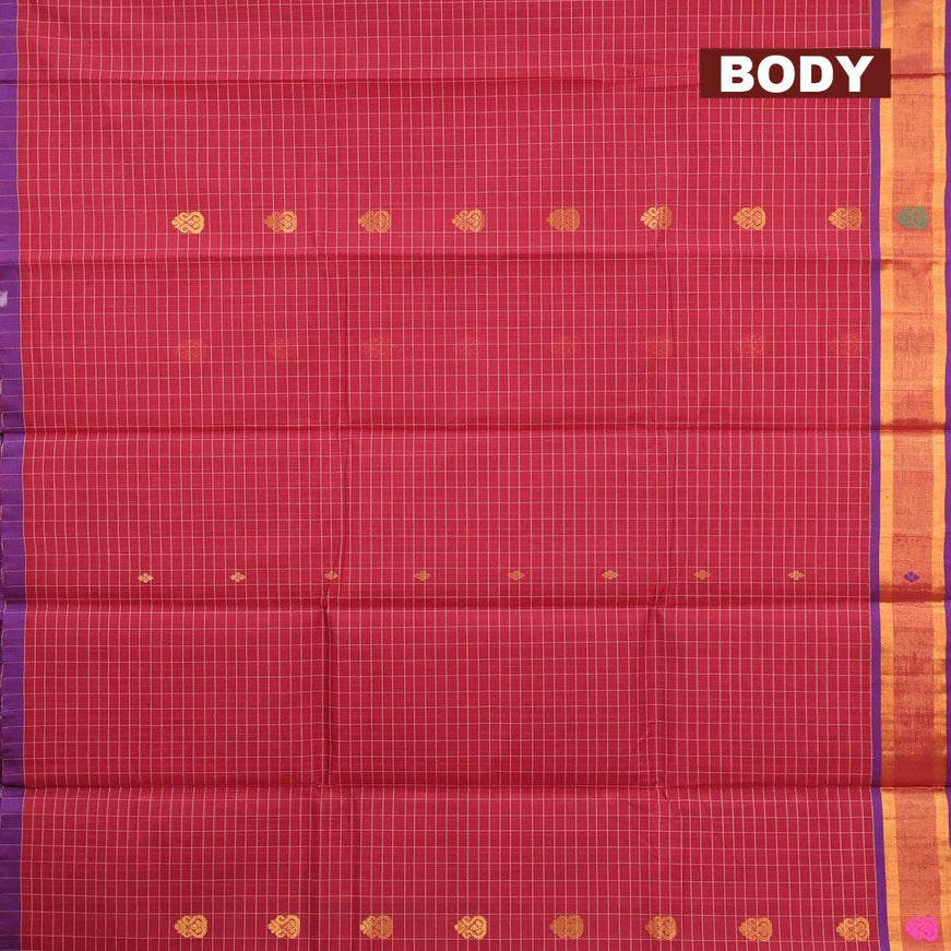 Venkatagiri cotton saree maroon and blue with allover checked pattern & zari buttas and zari woven border without blouse - {{ collection.title }} by Prashanti Sarees