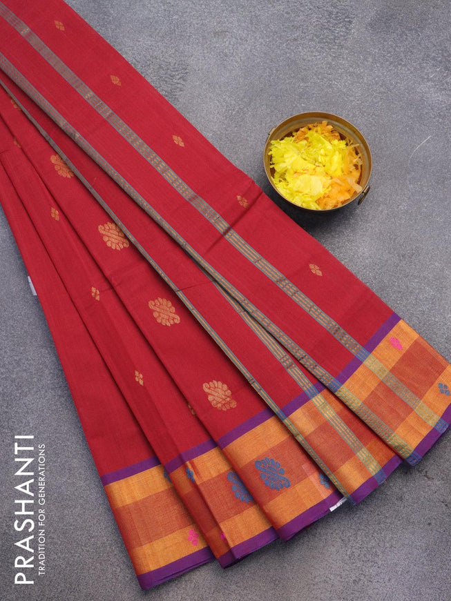 Venkatagiri cotton saree maroon and blue with zari woven buttas and zari woven border without blouse - {{ collection.title }} by Prashanti Sarees