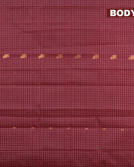 Venkatagiri cotton saree maroon and dark mustard with allover checked pattern & paisley zari buttas and zari woven border without blouse - {{ collection.title }} by Prashanti Sarees