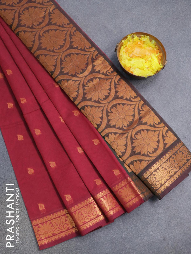 Venkatagiri cotton saree maroon and dual shade of green with zari woven buttas and zari woven border without blouse - {{ collection.title }} by Prashanti Sarees