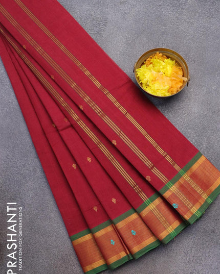 Venkatagiri cotton saree maroon and green with zari woven buttas and zari woven border without blouse - {{ collection.title }} by Prashanti Sarees