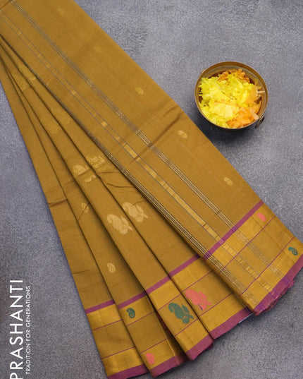 Venkatagiri cotton saree mustard shade and purple with zari woven buttas and zari woven border without blouse - {{ collection.title }} by Prashanti Sarees