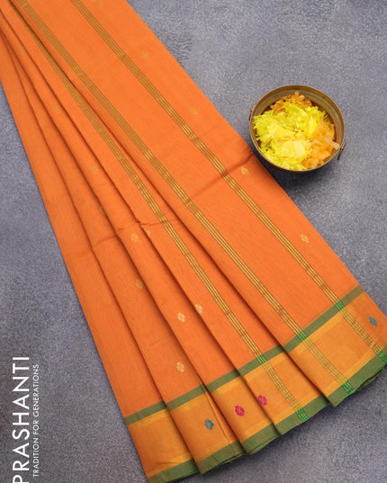 Venkatagiri cotton saree orange and green with zari woven buttas and zari woven border without blouse - {{ collection.title }} by Prashanti Sarees
