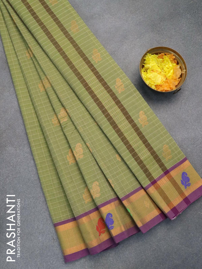 Venkatagiri cotton saree pastel green and purple shade with allover checked pattern & paisley zari buttas and zari woven border without blouse - {{ collection.title }} by Prashanti Sarees