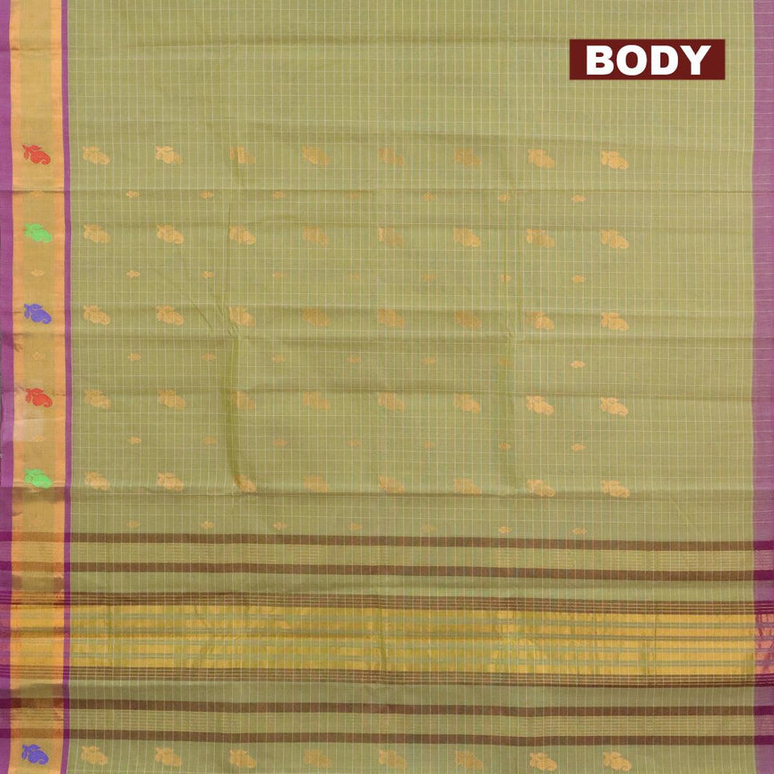 Venkatagiri cotton saree pastel green and purple shade with allover checked pattern & paisley zari buttas and zari woven border without blouse - {{ collection.title }} by Prashanti Sarees