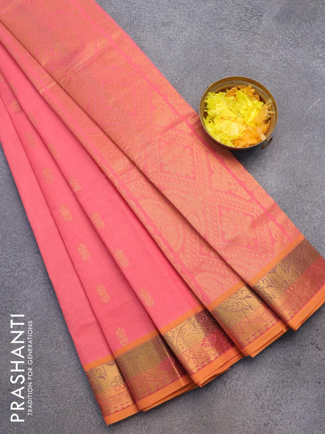 Venkatagiri cotton saree peach pink and mustard shade with zari woven buttas and zari woven border without blouse - {{ collection.title }} by Prashanti Sarees
